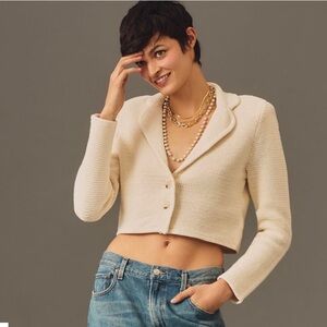 Anthropologie dh New York Crochet Cropped Sweater Blazer neutral color
